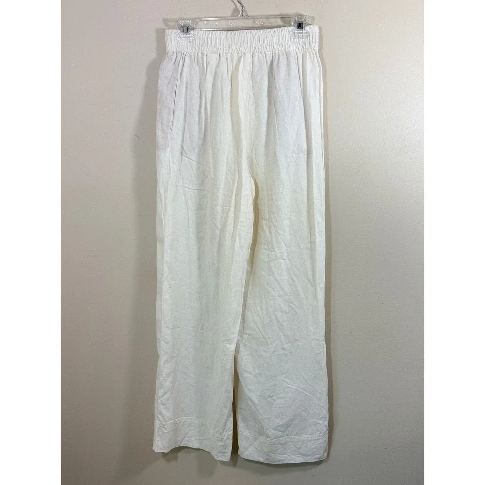 Zara Womens S White Linen Blend Wide Leg Pants Coastal Minimalist Quiet Luxury